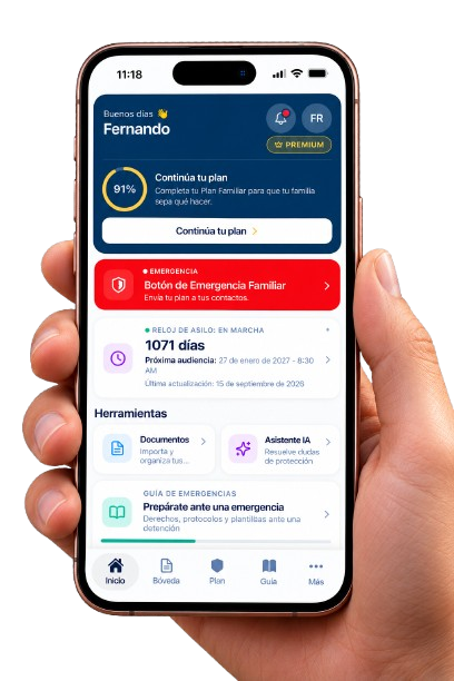 App MigrARTE Vault en iPhone — plan familiar, guía de emergencias, reloj de asilo y botón de emergencia familiar