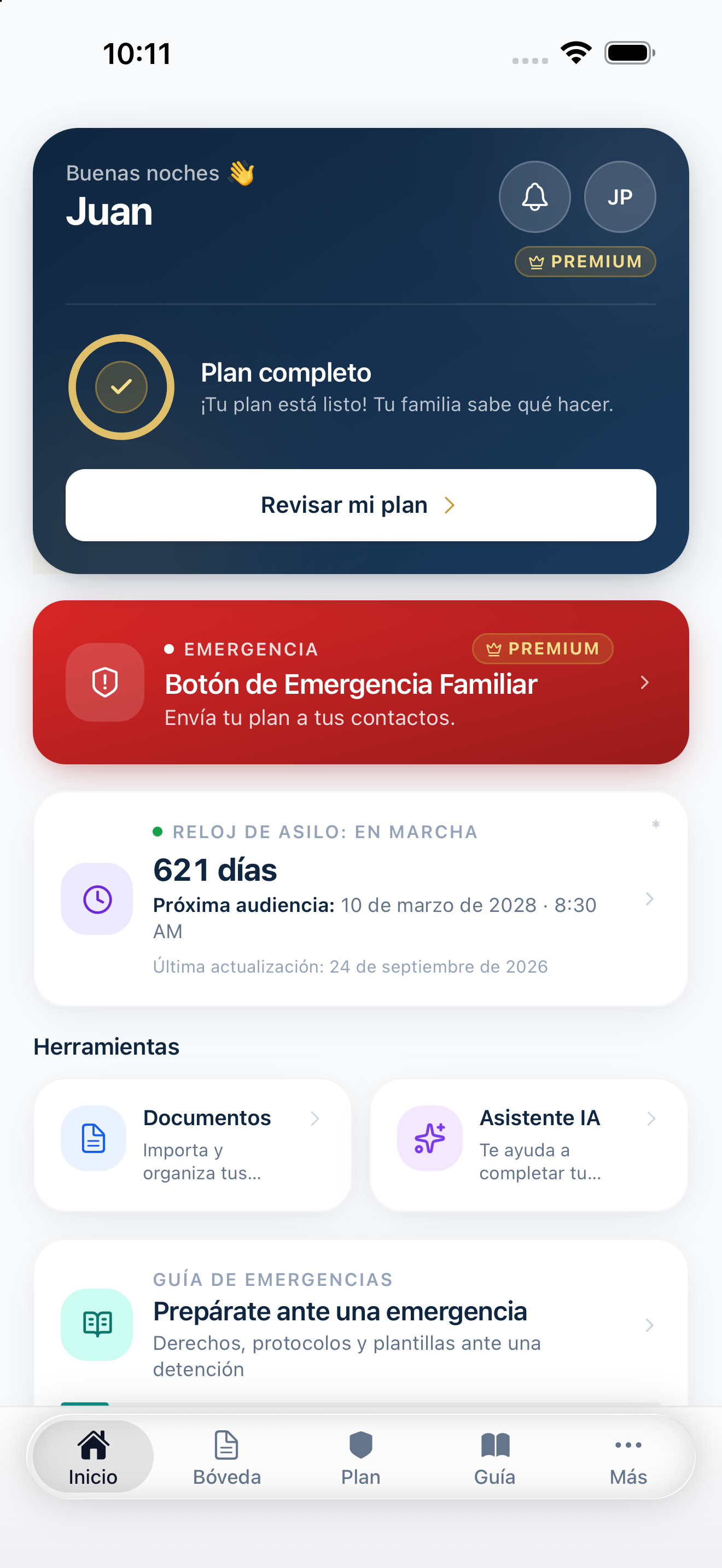 Pantalla de inicio de MigrARTE Vault con resumen del plan familiar