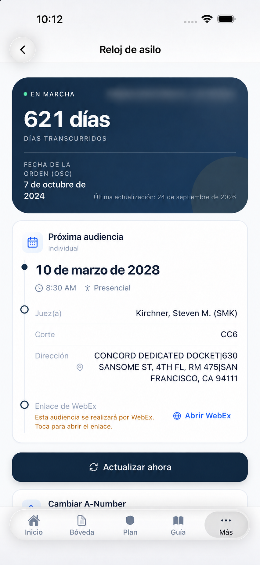 Reloj de asilo con próxima audiencia e información de corte